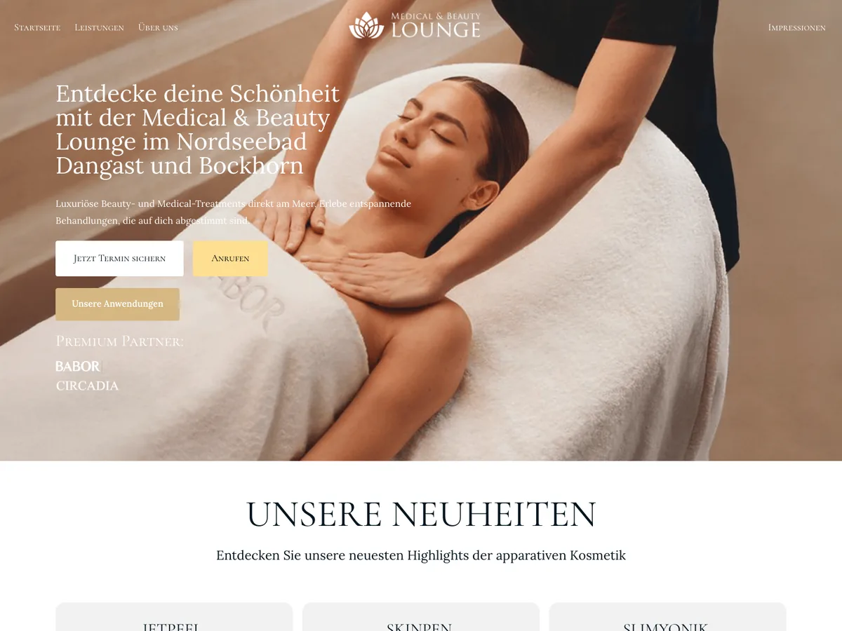 Startseite der Medical & Beauty Lounge Dangast mit Behandlungsübersicht