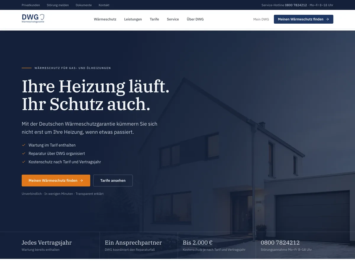 Startseite der Deutschen Wärmeschutzgarantie mit Tarifübersicht für Heizungen