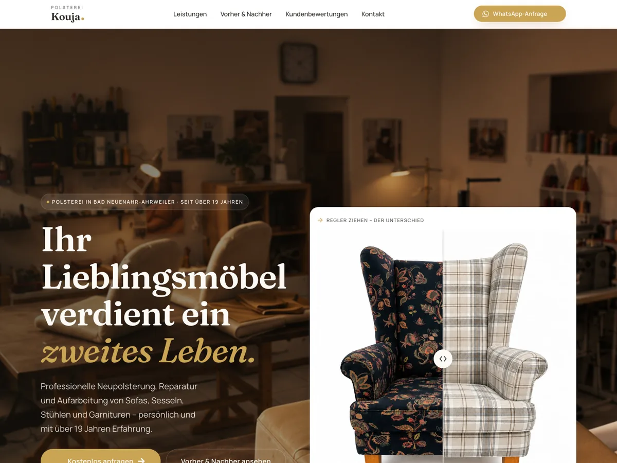 Startseite der Polsterei Kouja mit Vorher-Nachher-Vergleich eines Ohrensessels