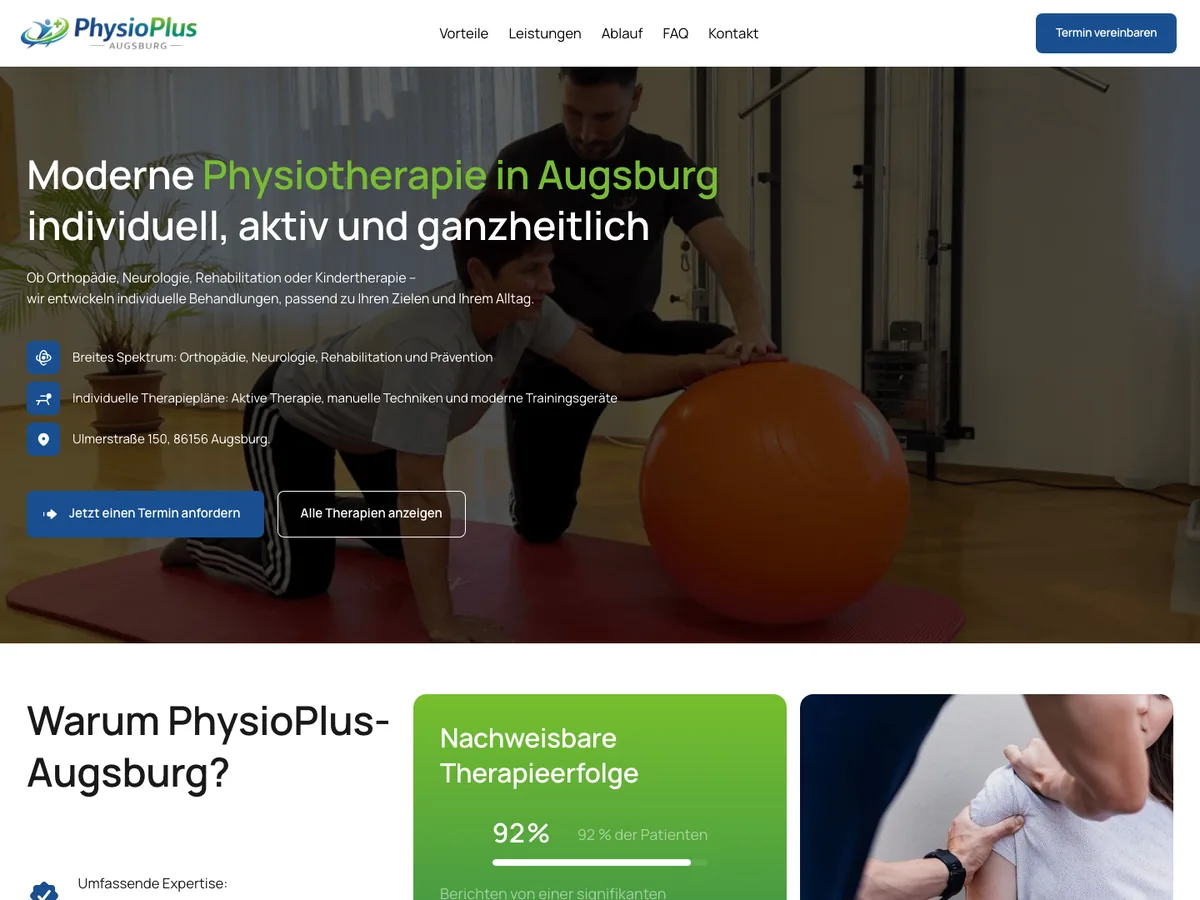 Startseite von PhysioPlus Augsburg mit Übersicht der Therapieangebote
