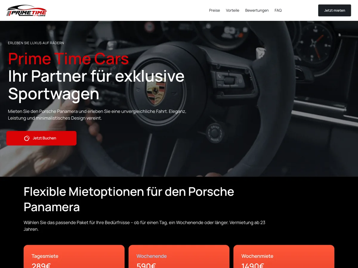Startseite von Prime Time Cars mit Sportwagen im Großformat