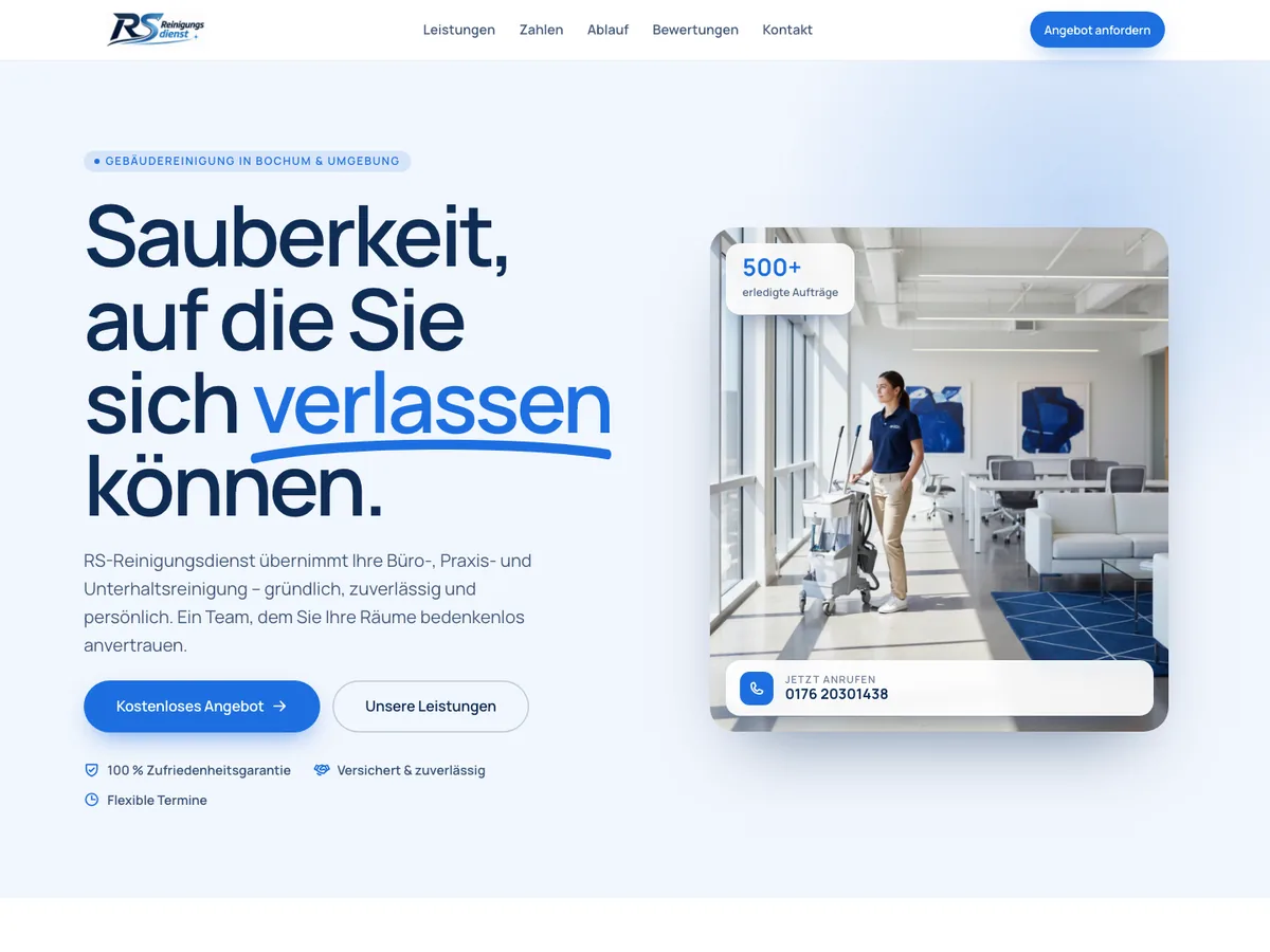 Startseite von RS-Reinigungsdienst Bochum mit Angebotsformular