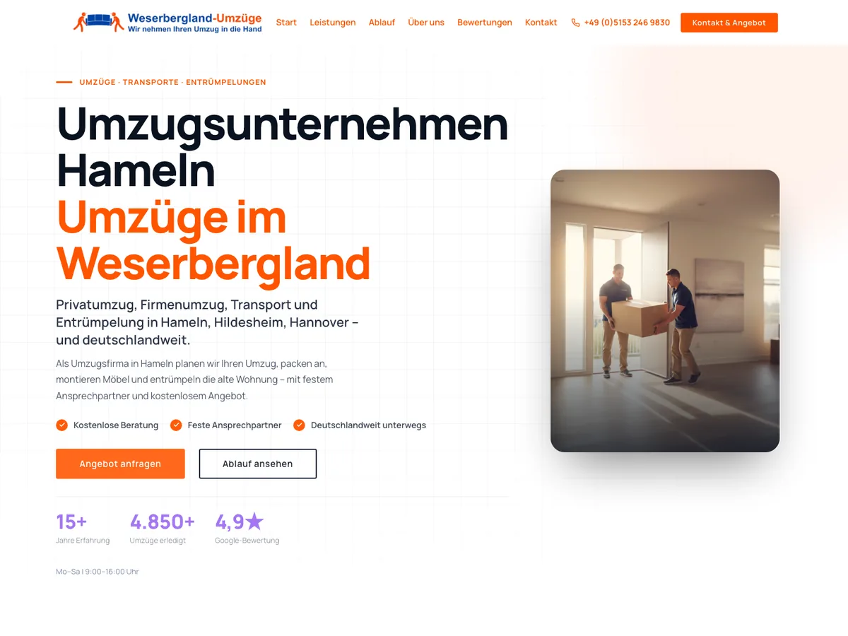 Startseite von Weserbergland-Umzüge mit Umzugsrechner und Leistungsübersicht
